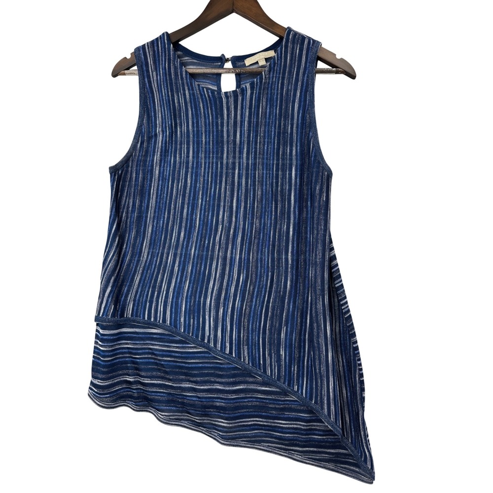 Joan Vass New York Blue Stripe Knit Asymmetrical Tunic Top Size L